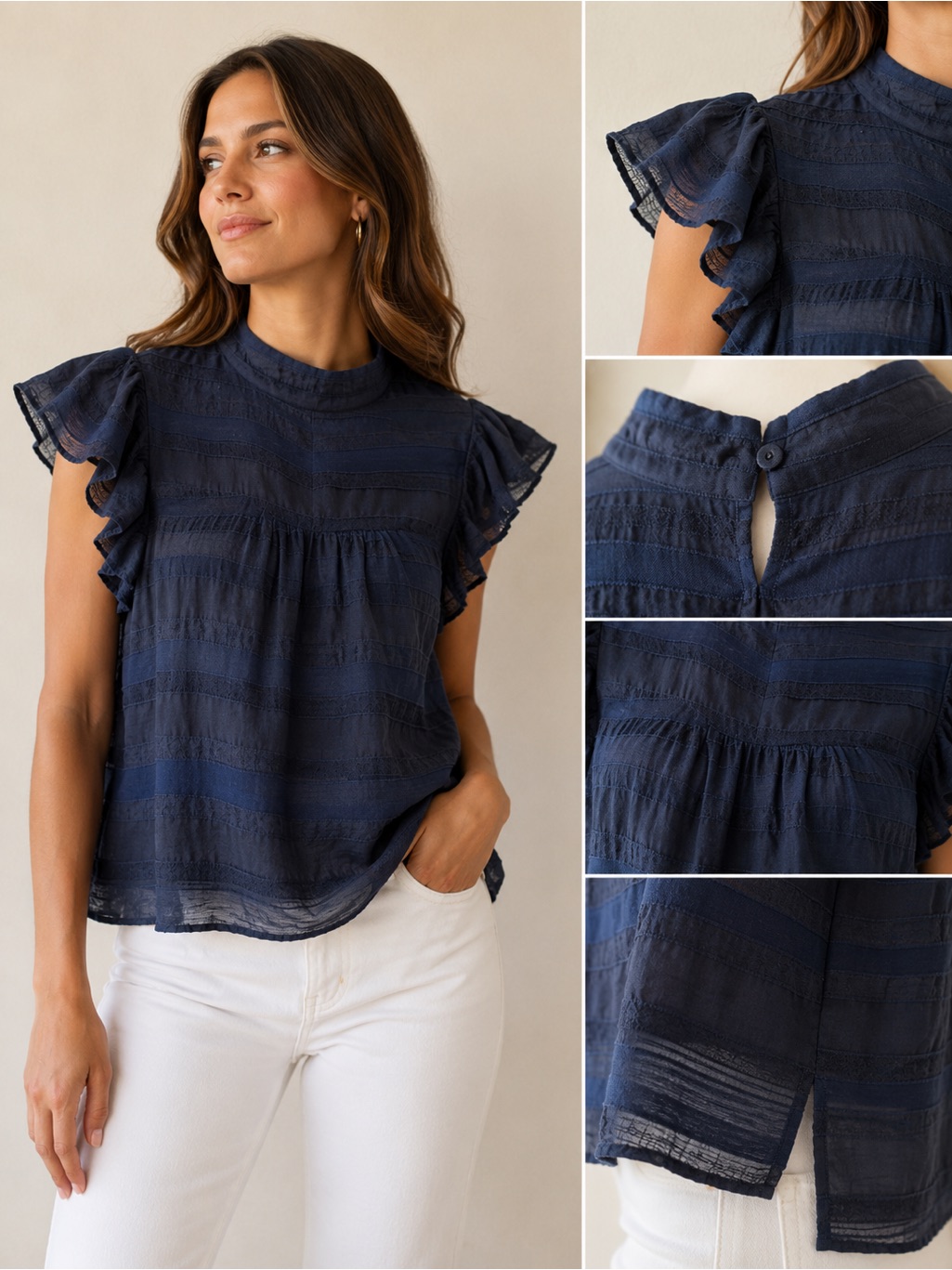 Veronica Beard Ink/Navy Blue Flutter Ruffle Sleeve Silk Blend Top, Sz 4